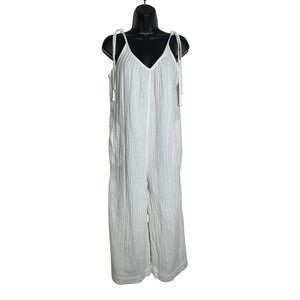 Old Navy Womens White Cotton Gauze Wide‎ Leg Jumpsuit Tie Shoulder Size L 875755